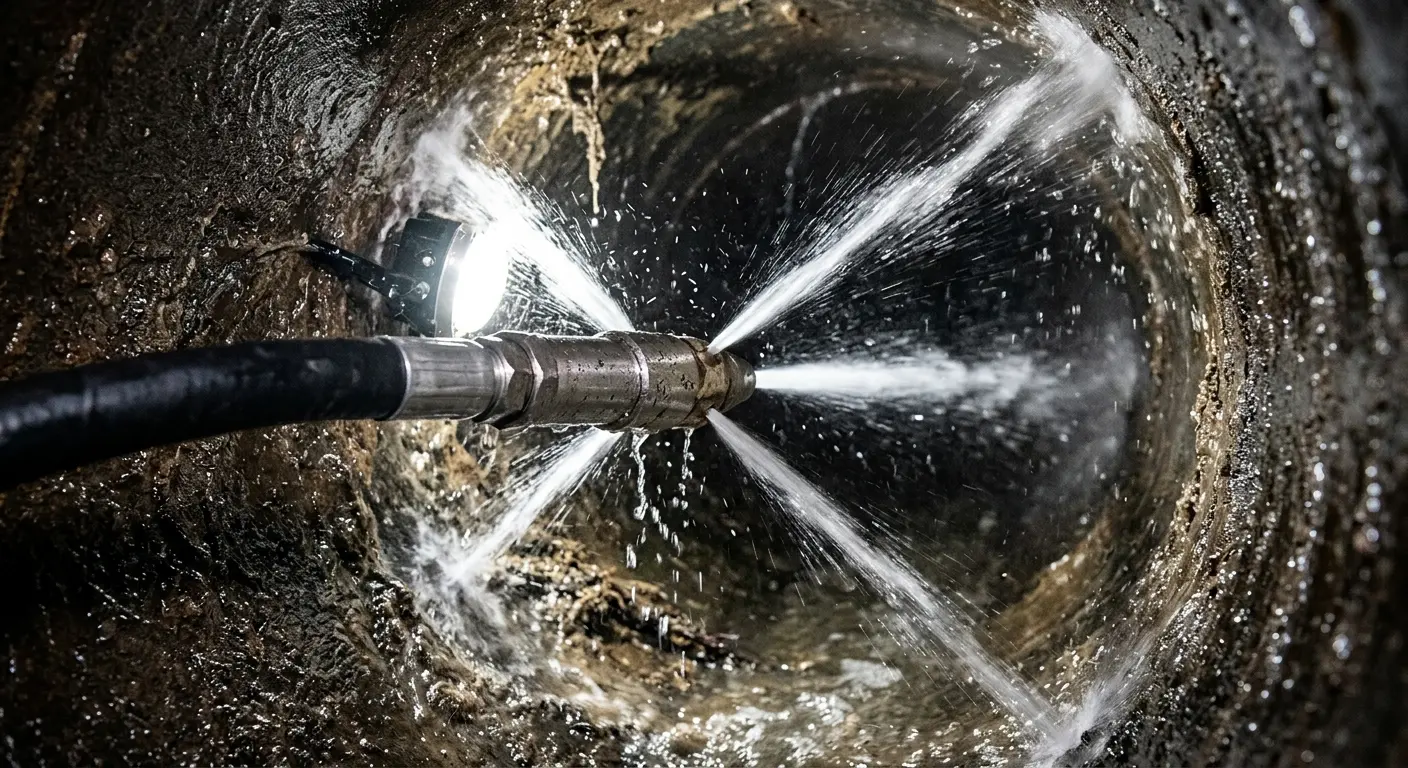 High-pressure hydro jetting nozzle cleaning sewer pipe for Storm Drain Cleaning in Harvard