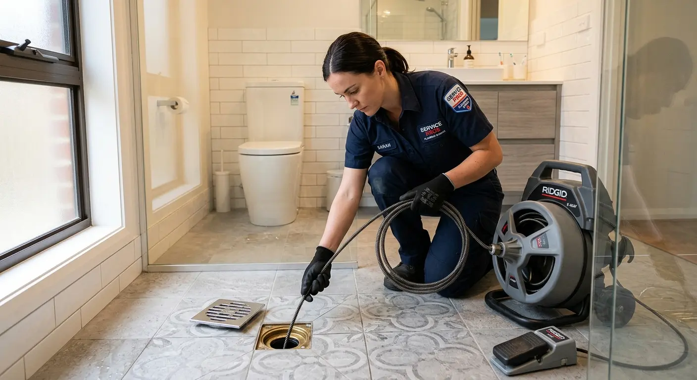 Technician clearing a bathroom floor drain for Sewer Line Installation in Harvard